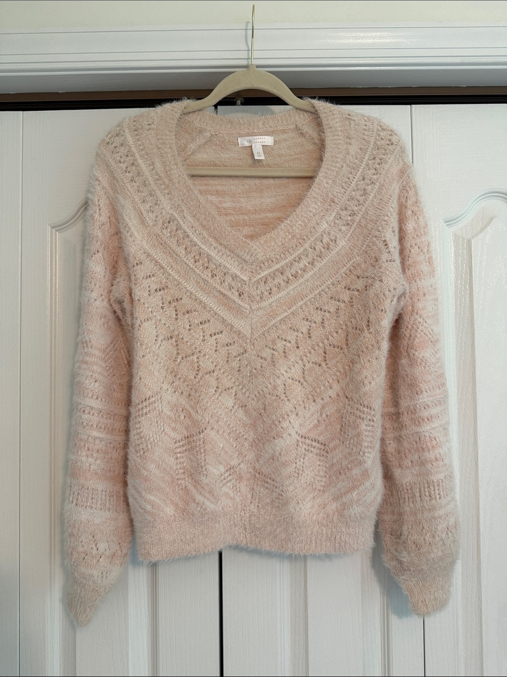 LC Lauren Conrad Blush Pink V-Neck Openwork Fuzzy Sweater